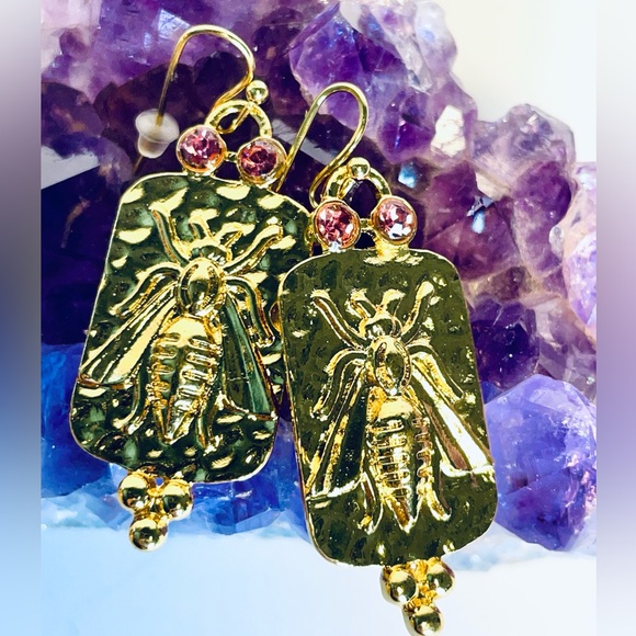 Gold Bee Pink Rhinestone Earrings | Gold Bee Earrings Anthro Vibes 🐝 FreeW/35 - Picture 2 of 13